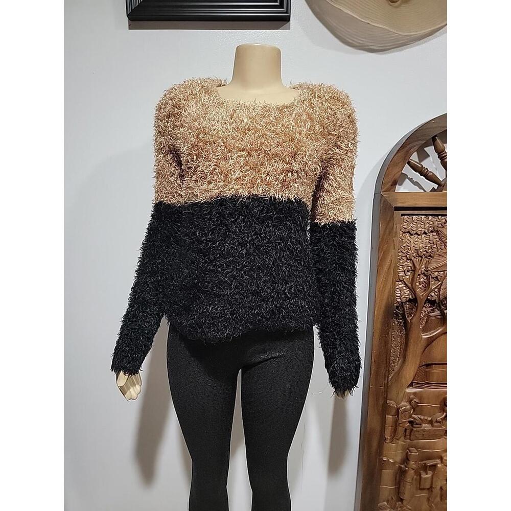 David Kahn Shaggy Furry Pullover Size M Women's Black & Brown Sweater NEW #C